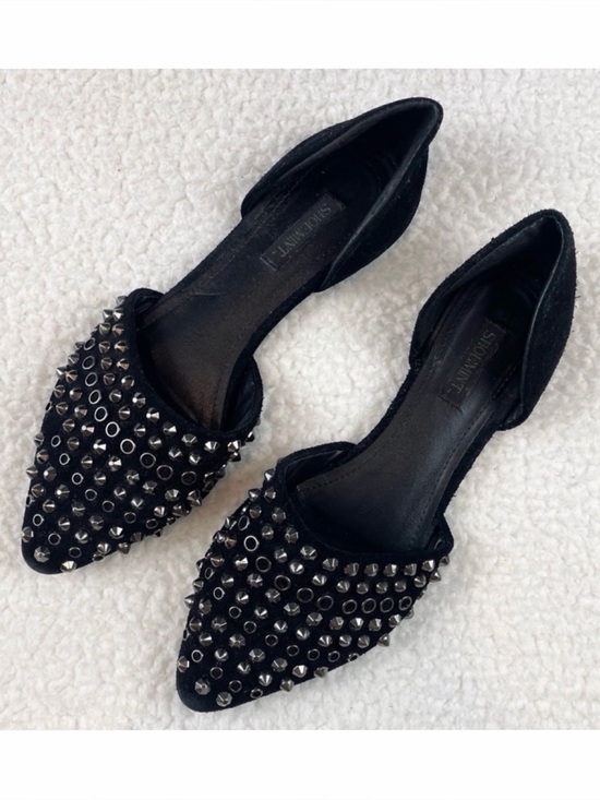 Shoemint Shoes - SHOEMINT • Cameron Black Suede Studded Pointed-Toe Flats, 7